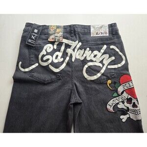 NWT‎ Ed Hardy womens Love Kills Slowly black jeans size 30 wide leg embroidered